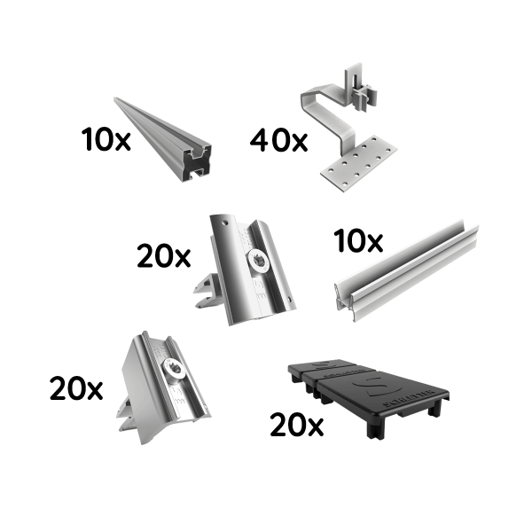 UK Paket für 10 Module von Schletter, ProLine, silber, Schrägdach, 1-lagig