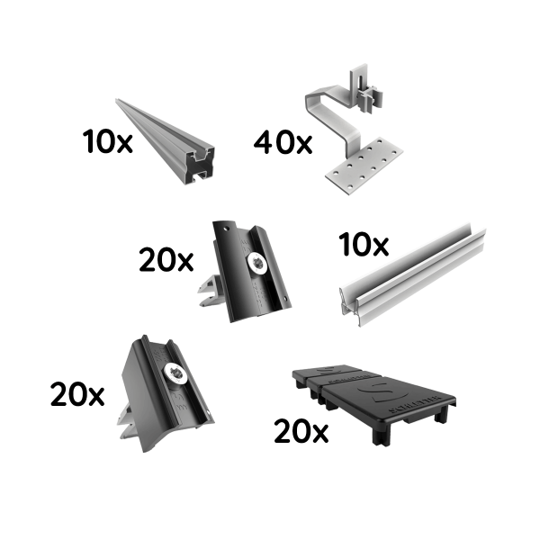 UK Paket für 10 Module von Schletter, ProLine, schwarz, Schrägdach, 1-lagig